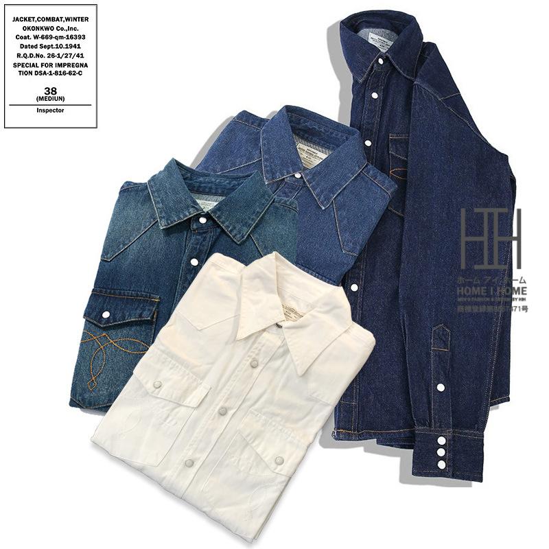 ウエスタン シャツ ダンガリーシャツ デニムシャツ メンズ 長袖 10oz デニム ヘビーウェイト コットン ビンテージ 両ポケット おしゃれ インディゴ ホワイト | ホームアイホーム