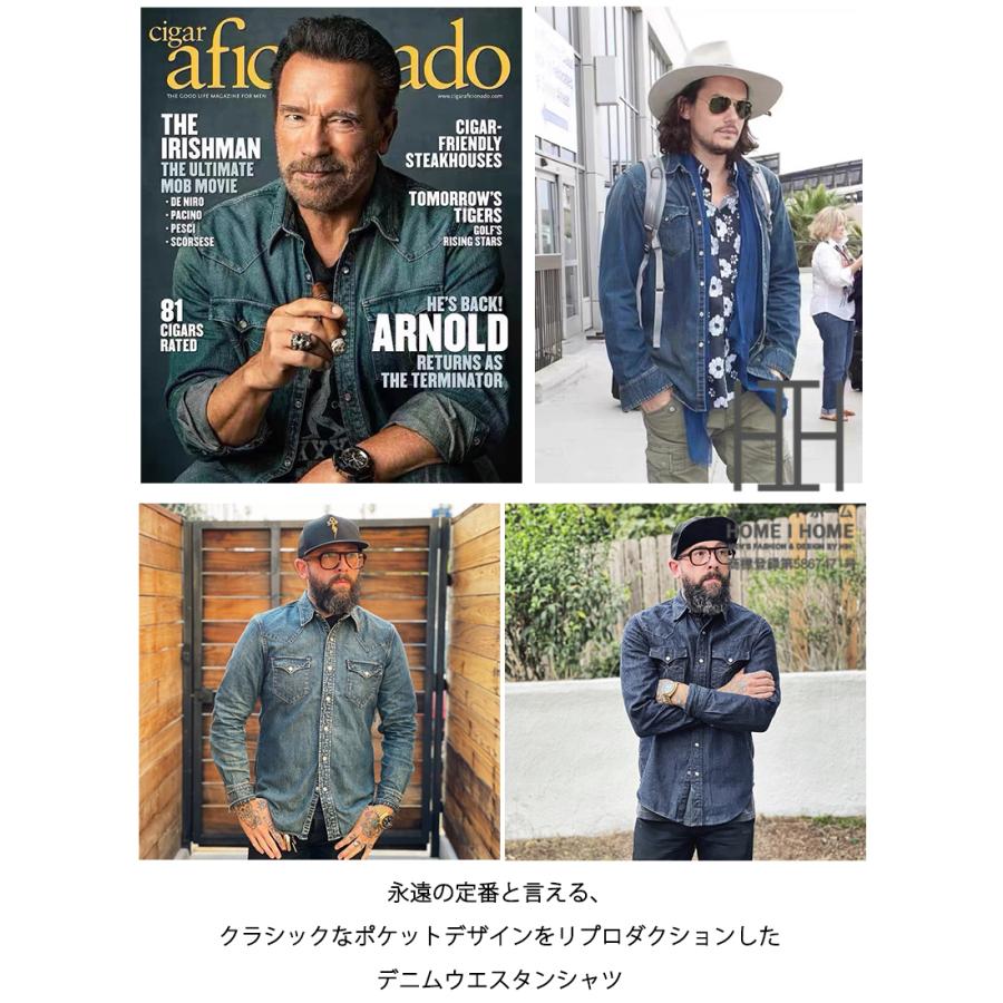 ウエスタン シャツ ダンガリーシャツ デニムシャツ メンズ 長袖 10oz デニム ヘビーウェイト コットン ビンテージ 両ポケット おしゃれ インディゴ ホワイト | ホームアイホーム | 05
