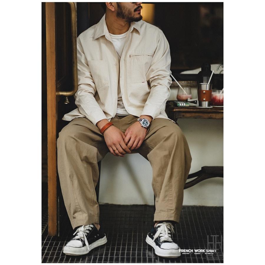 ワークシャツ シャツジャケット メンズ 長袖 無地 綿 大きいサイズ ベージュ レギュラーカラー フレンチワークアウター ジャケット ミリタリーシャツ おしゃれ | ホームアイホーム | 13