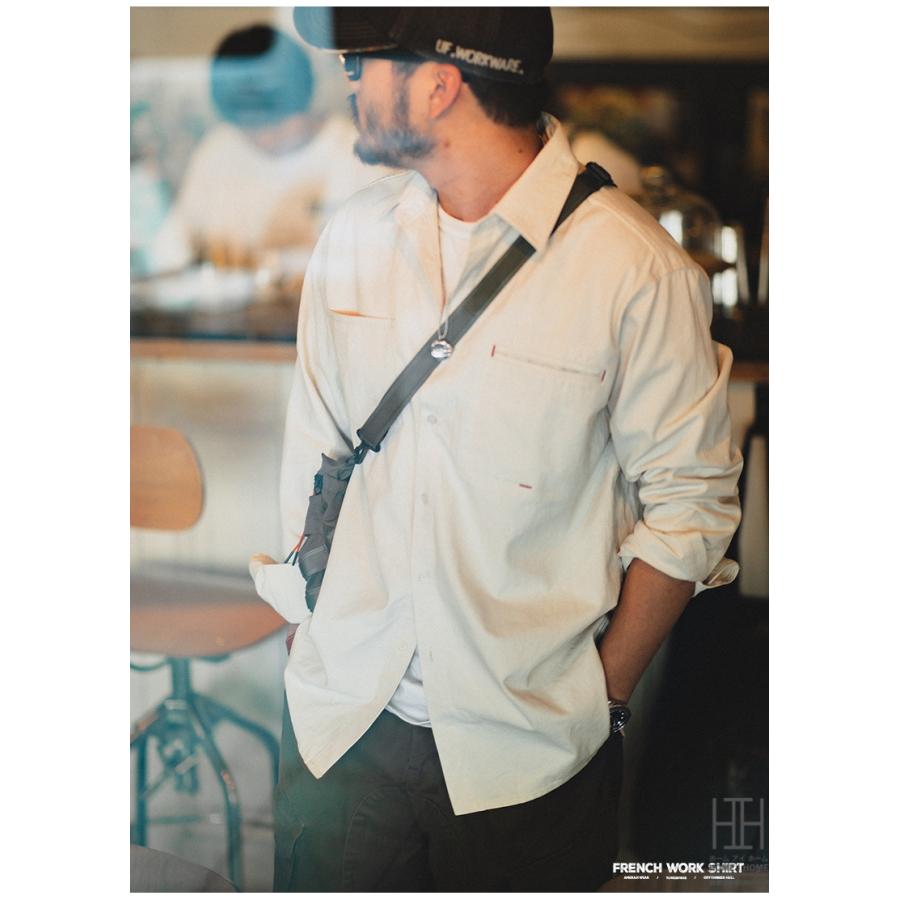ワークシャツ シャツジャケット メンズ 長袖 無地 綿 大きいサイズ ベージュ レギュラーカラー フレンチワークアウター ジャケット ミリタリーシャツ おしゃれ | ホームアイホーム | 10