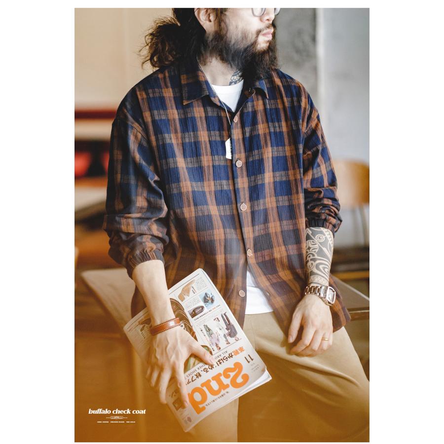 シャツ メンズ 長袖シャツ シャツジャケット チェック柄 アメカジ カジュアル ライトアウター 大きいサイズ ゆったり 立体感 凹凸感 ウェストドローコード 春 秋 | ホームアイホーム | 13