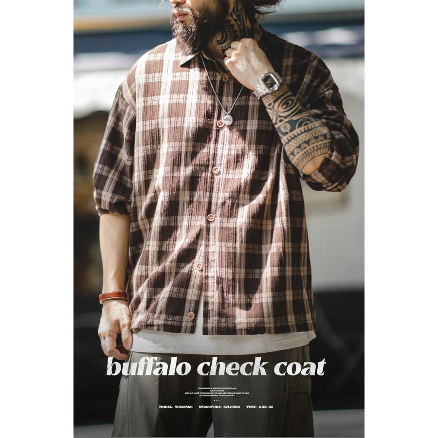 シャツ メンズ 長袖シャツ シャツジャケット チェック柄 アメカジ カジュアル ライトアウター 大きいサイズ ゆったり 立体感 凹凸感 ウェストドローコード 春 秋 | ホームアイホーム | 03