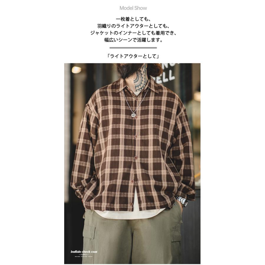 シャツ メンズ 長袖シャツ シャツジャケット チェック柄 アメカジ カジュアル ライトアウター 大きいサイズ ゆったり 立体感 凹凸感 ウェストドローコード 春 秋 | ホームアイホーム | 08