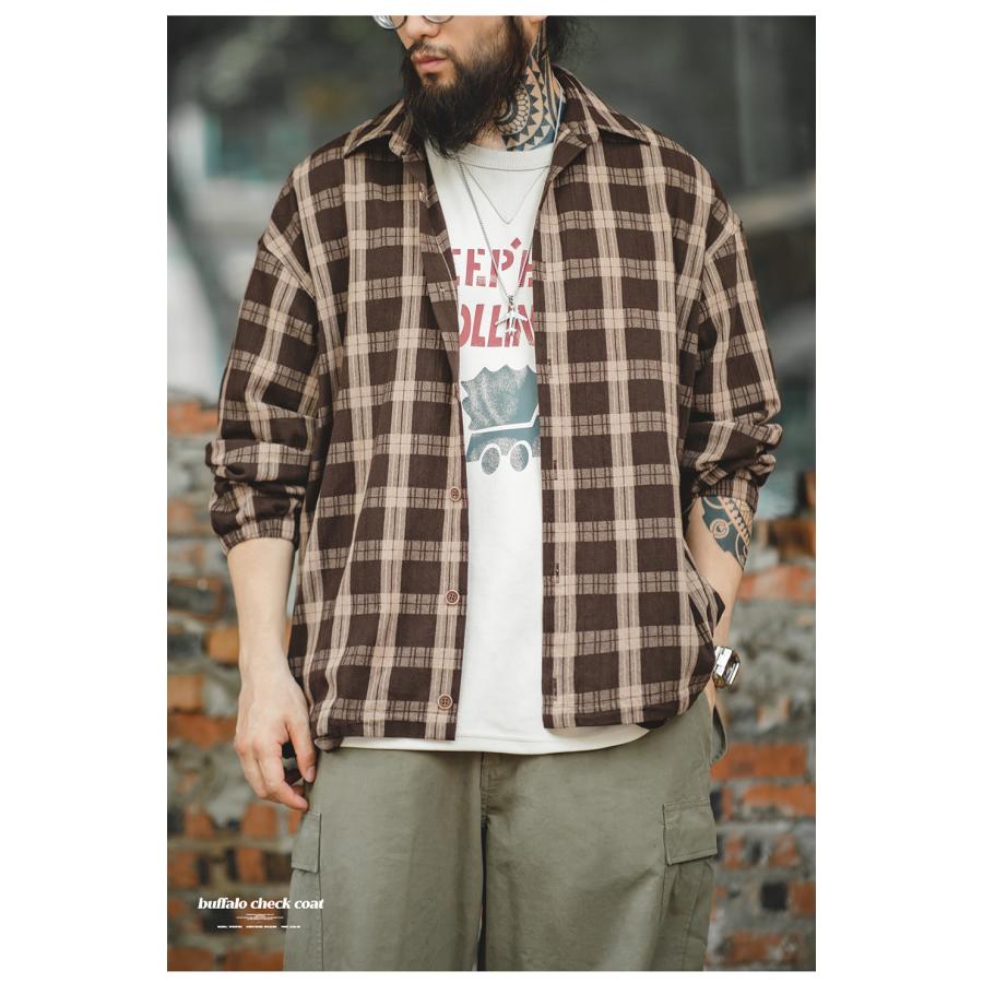 シャツ メンズ 長袖シャツ シャツジャケット チェック柄 アメカジ カジュアル ライトアウター 大きいサイズ ゆったり 立体感 凹凸感 ウェストドローコード 春 秋 | ホームアイホーム | 10