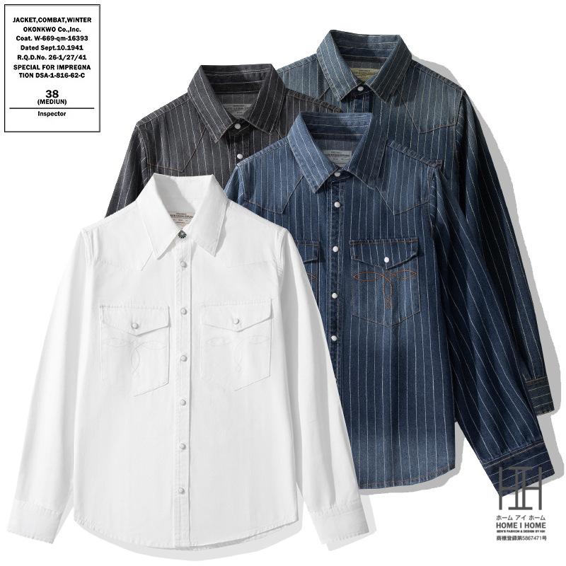 ウェスタンシャツ デニムシャツ メンズ 長袖 ストライプデニム ヘビーウェイト ダンガリー ヴィンテージ 白シャツ カジュアル アメカジ 両ポケット おしゃれ | ホームアイホーム