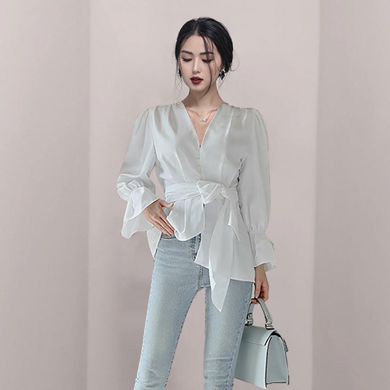 シャツ レディース 長袖 白シャツ ブラウス フレア ベルト紐付き 無地 かわいい 女性 Vネック リボン チュニック トップス カジュアルシャツ | ホームアイホーム