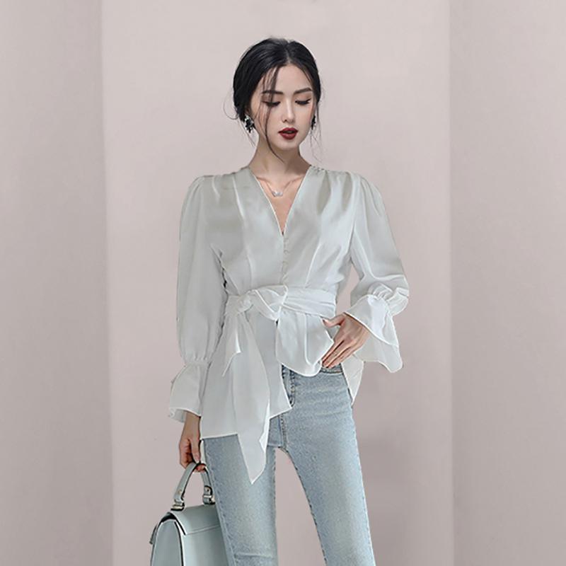 シャツ レディース 長袖 白シャツ ブラウス フレア ベルト紐付き 無地 かわいい 女性 Vネック リボン チュニック トップス カジュアルシャツ | ホームアイホーム | 02