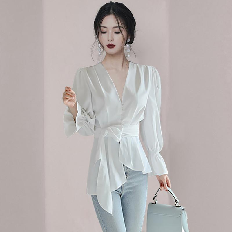 シャツ レディース 長袖 白シャツ ブラウス フレア ベルト紐付き 無地 かわいい 女性 Vネック リボン チュニック トップス カジュアルシャツ | ホームアイホーム | 03