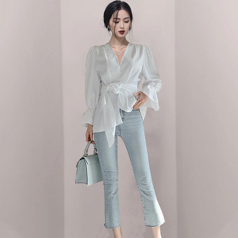 シャツ レディース 長袖 白シャツ ブラウス フレア ベルト紐付き 無地 かわいい 女性 Vネック リボン チュニック トップス カジュアルシャツ | ホームアイホーム | 04