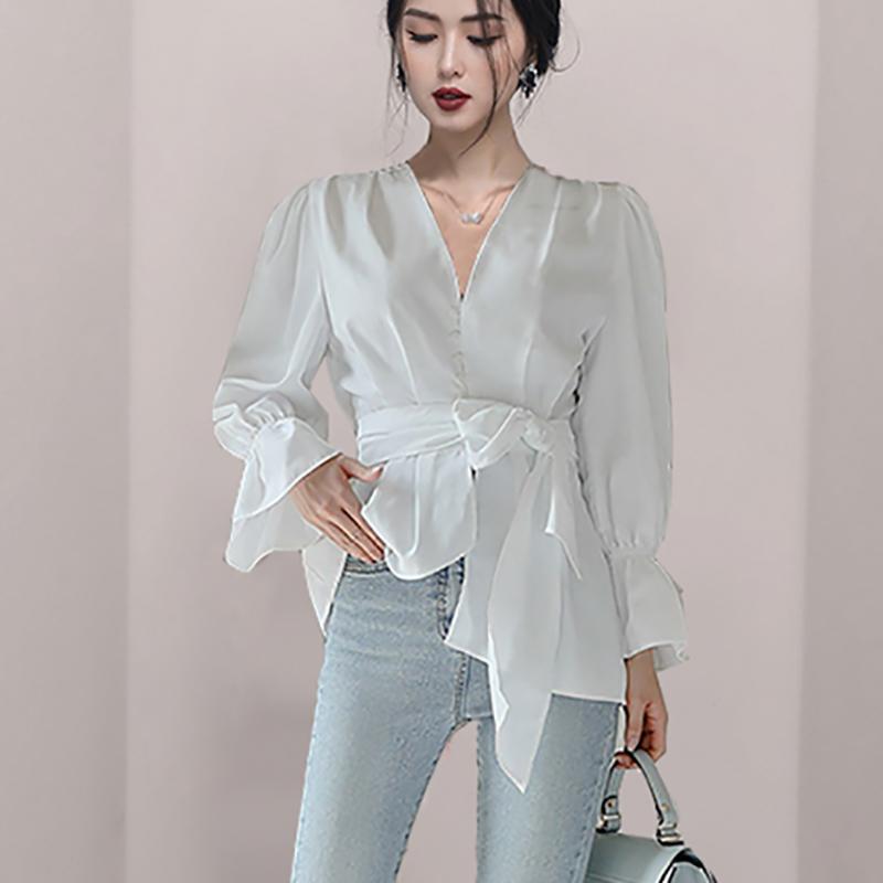 シャツ レディース 長袖 白シャツ ブラウス フレア ベルト紐付き 無地 かわいい 女性 Vネック リボン チュニック トップス カジュアルシャツ | ホームアイホーム | 05