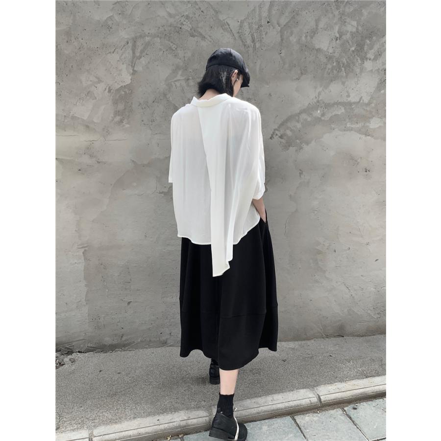 シャツ ブラウス レディース 五分袖 個性デザイン オリジナル 不規則 白 黒 ゆったり 体型カバー キレイめ 大きいサイズ おしゃれ | ホームアイホーム | 05