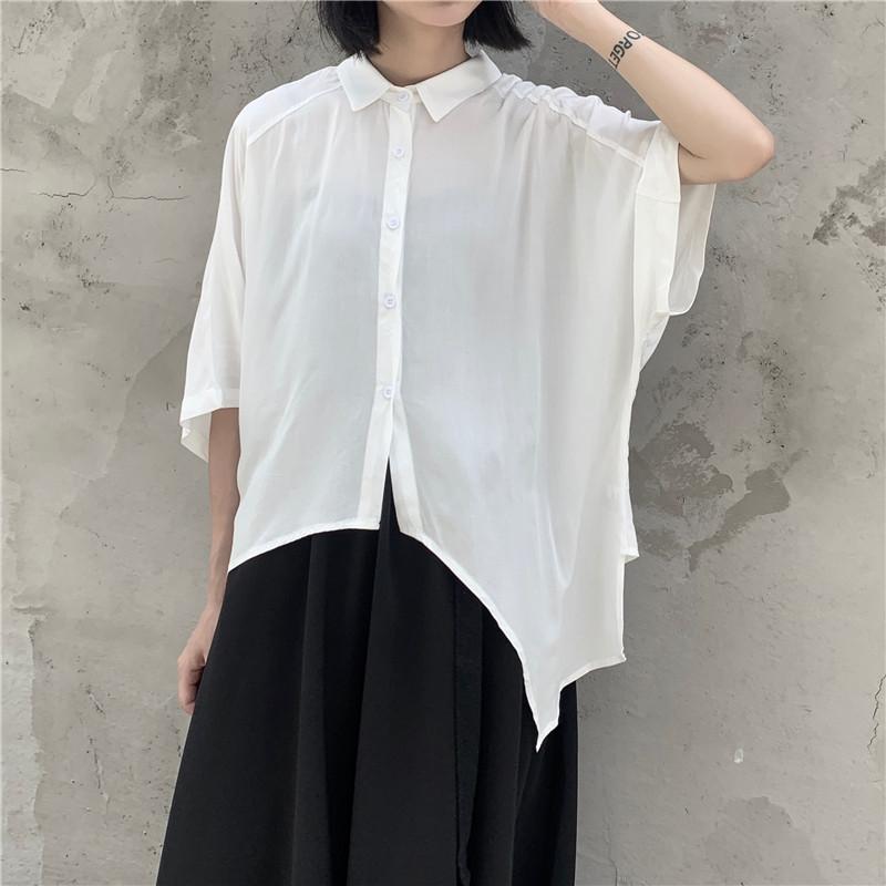 シャツ ブラウス レディース 五分袖 個性デザイン オリジナル 不規則 白 黒 ゆったり 体型カバー キレイめ 大きいサイズ おしゃれ | ホームアイホーム | 01