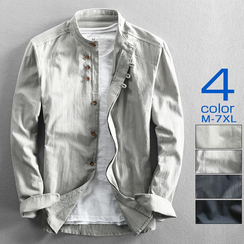 カジュアルシャツ 白シャツ メンズ リネンシャツ 長袖 バンドカラー 無地 ノーカラー 綿 リネン 麻 通気 春夏 | ホームアイホーム