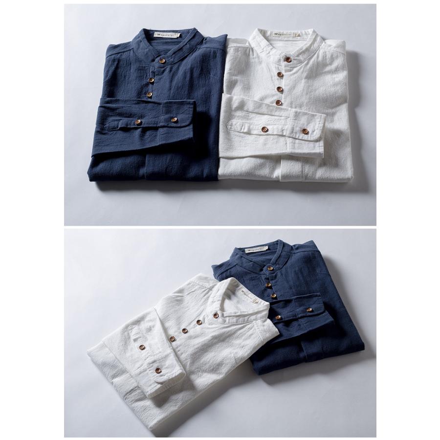 カジュアルシャツ 白シャツ メンズ リネンシャツ 長袖 バンドカラー 無地 ノーカラー 綿 リネン 麻 通気 春夏 | ホームアイホーム | 05