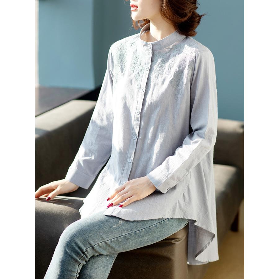 チュニック かわいい ロングテイル 刺繍入り 綿麻 花柄 バンドカラー ラウンド裾 通気 レディース 長袖シャツ 女性 | ホームアイホーム