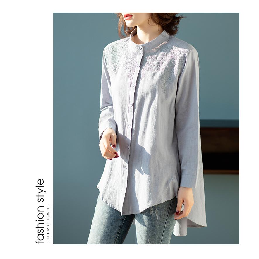 チュニック かわいい ロングテイル 刺繍入り 綿麻 花柄 バンドカラー ラウンド裾 通気 レディース 長袖シャツ 女性 | ホームアイホーム | 10