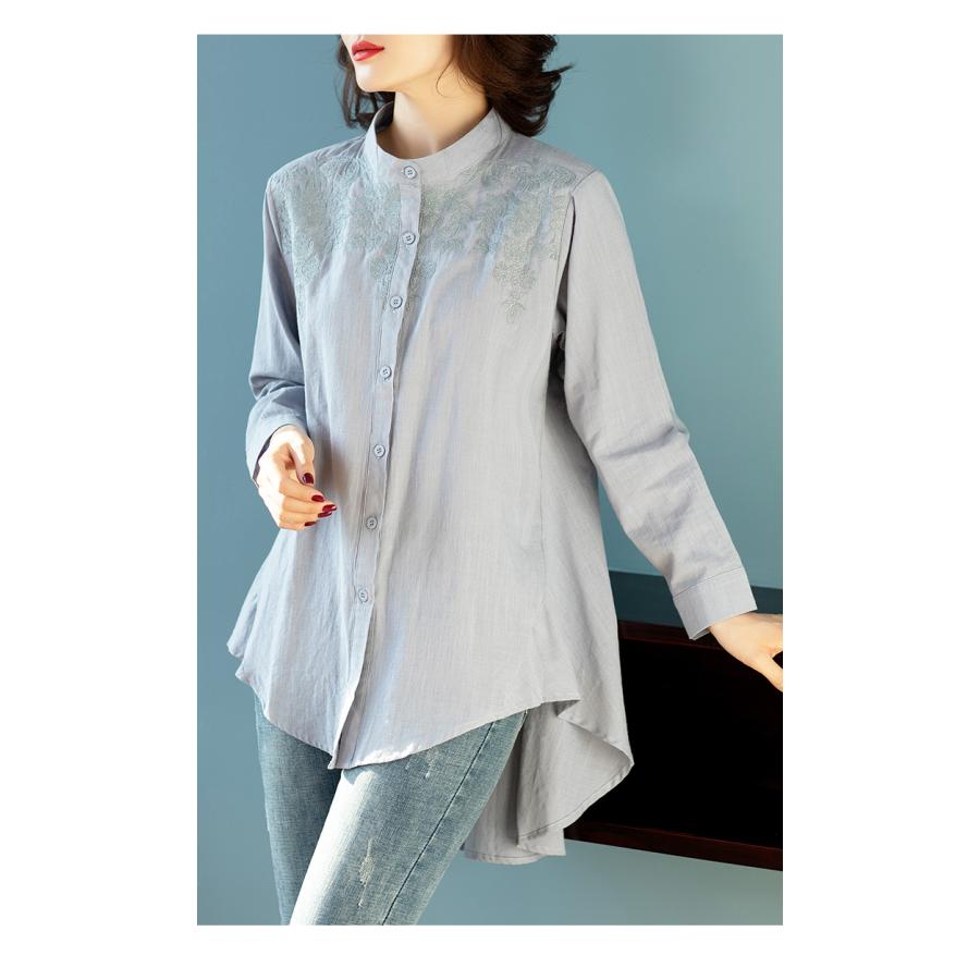 チュニック かわいい ロングテイル 刺繍入り 綿麻 花柄 バンドカラー ラウンド裾 通気 レディース 長袖シャツ 女性 | ホームアイホーム | 11