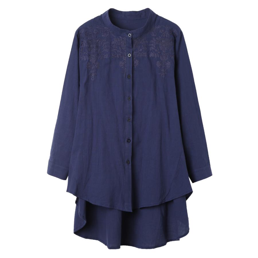 チュニック かわいい ロングテイル 刺繍入り 綿麻 花柄 バンドカラー ラウンド裾 通気 レディース 長袖シャツ 女性 | ホームアイホーム | 13