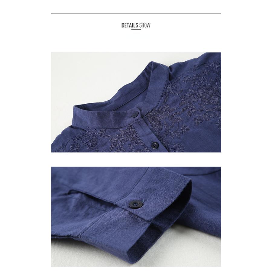 チュニック かわいい ロングテイル 刺繍入り 綿麻 花柄 バンドカラー ラウンド裾 通気 レディース 長袖シャツ 女性 | ホームアイホーム | 14