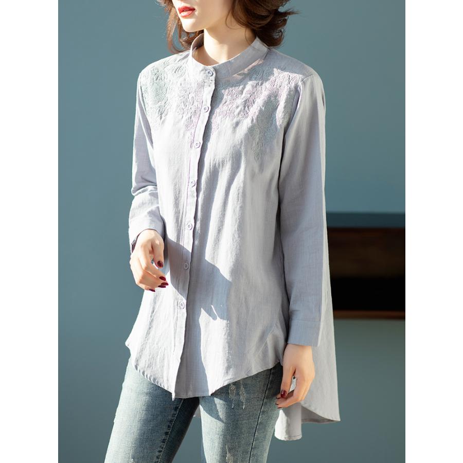 チュニック かわいい ロングテイル 刺繍入り 綿麻 花柄 バンドカラー ラウンド裾 通気 レディース 長袖シャツ 女性 | ホームアイホーム | 02