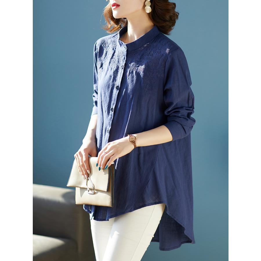 チュニック かわいい ロングテイル 刺繍入り 綿麻 花柄 バンドカラー ラウンド裾 通気 レディース 長袖シャツ 女性 | ホームアイホーム | 01
