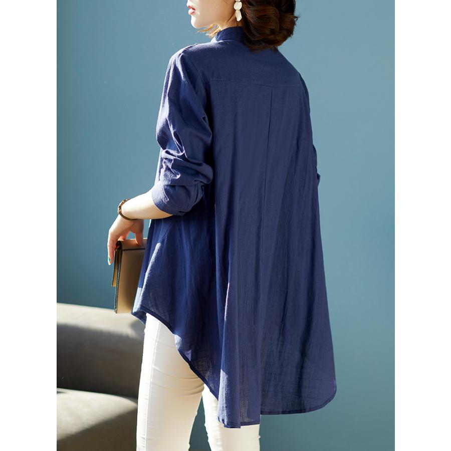 チュニック かわいい ロングテイル 刺繍入り 綿麻 花柄 バンドカラー ラウンド裾 通気 レディース 長袖シャツ 女性 | ホームアイホーム | 03