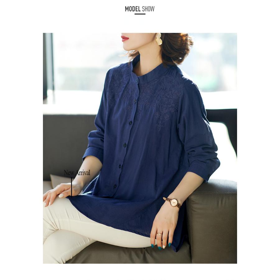 チュニック かわいい ロングテイル 刺繍入り 綿麻 花柄 バンドカラー ラウンド裾 通気 レディース 長袖シャツ 女性 | ホームアイホーム | 05