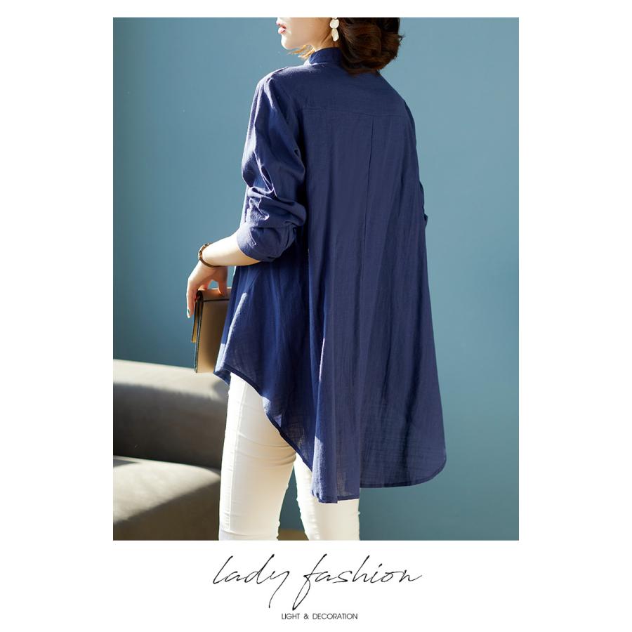 チュニック かわいい ロングテイル 刺繍入り 綿麻 花柄 バンドカラー ラウンド裾 通気 レディース 長袖シャツ 女性 | ホームアイホーム | 07