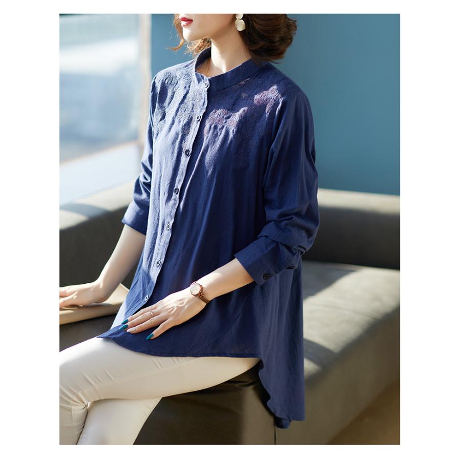 チュニック かわいい ロングテイル 刺繍入り 綿麻 花柄 バンドカラー ラウンド裾 通気 レディース 長袖シャツ 女性 | ホームアイホーム | 08