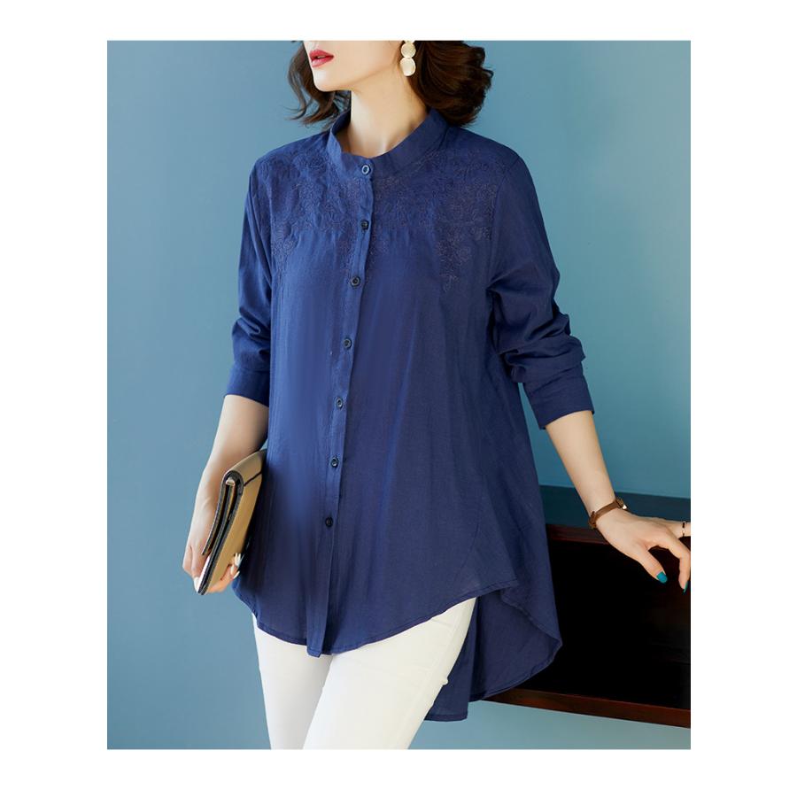 チュニック かわいい ロングテイル 刺繍入り 綿麻 花柄 バンドカラー ラウンド裾 通気 レディース 長袖シャツ 女性 | ホームアイホーム | 09