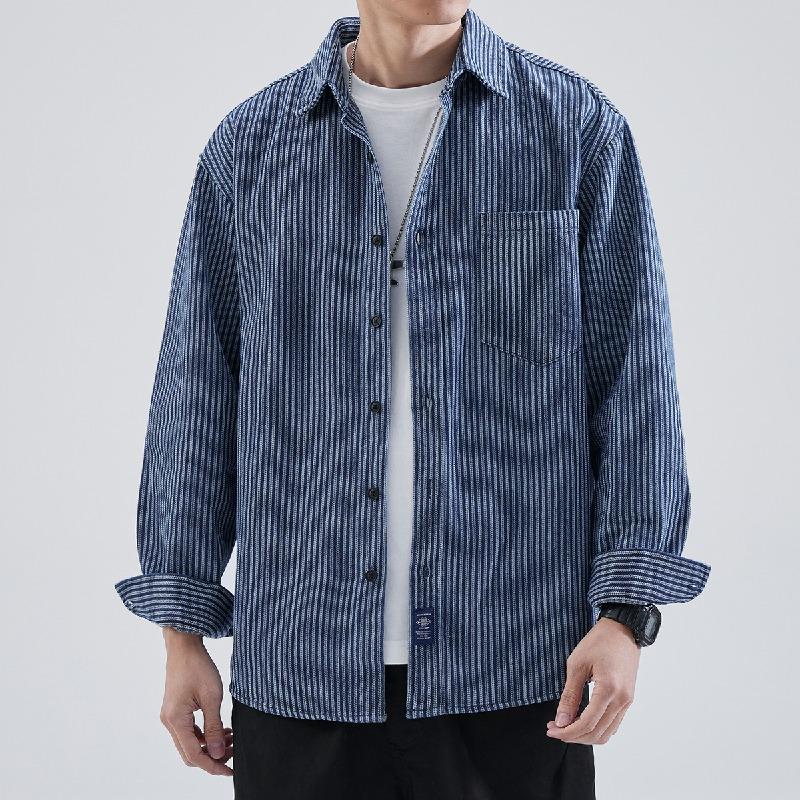 カジュアルシャツ ストライプシャツ 長袖 メンズ ストライプ柄 きれいめ ポケット付き 羽織り レギュラーカラー アメカジ おしゃれ トップス ライトアウター | ホームアイホーム | 01