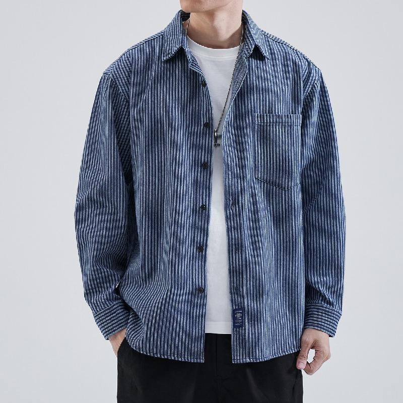 カジュアルシャツ ストライプシャツ 長袖 メンズ ストライプ柄 きれいめ ポケット付き 羽織り レギュラーカラー アメカジ おしゃれ トップス ライトアウター | ホームアイホーム | 02