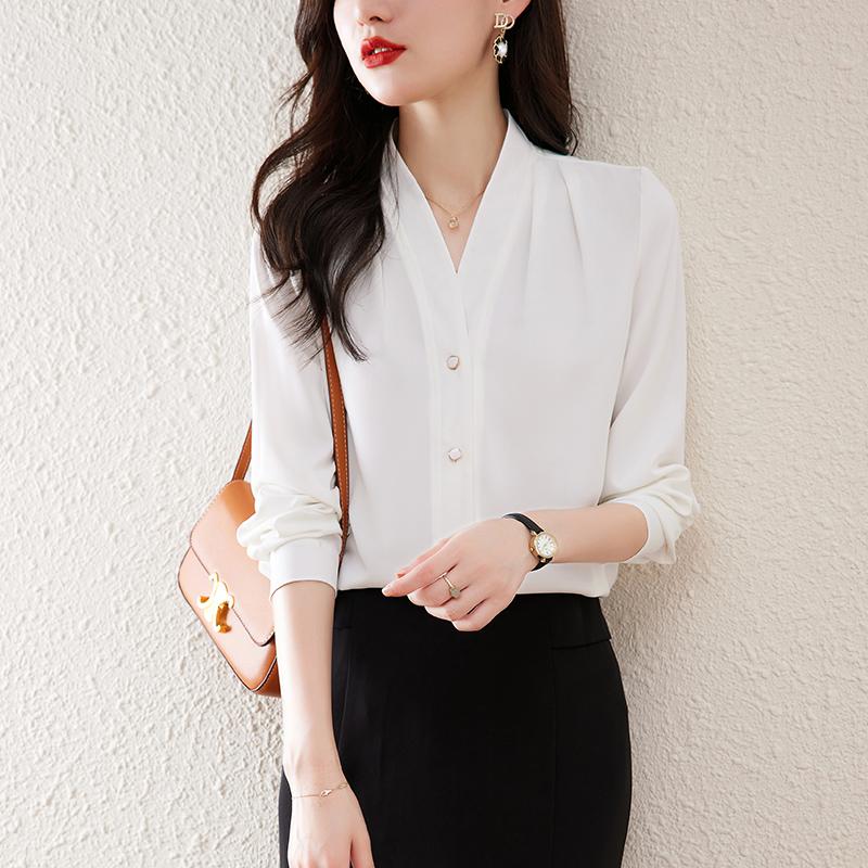ブラウス レディース シルク エレガント 絹 しなやか 長袖シャツ キレイめ Vネック オフィス 通勤ビジネス 無地トップス レディースウエア カジュアル | ホームアイホーム | 02