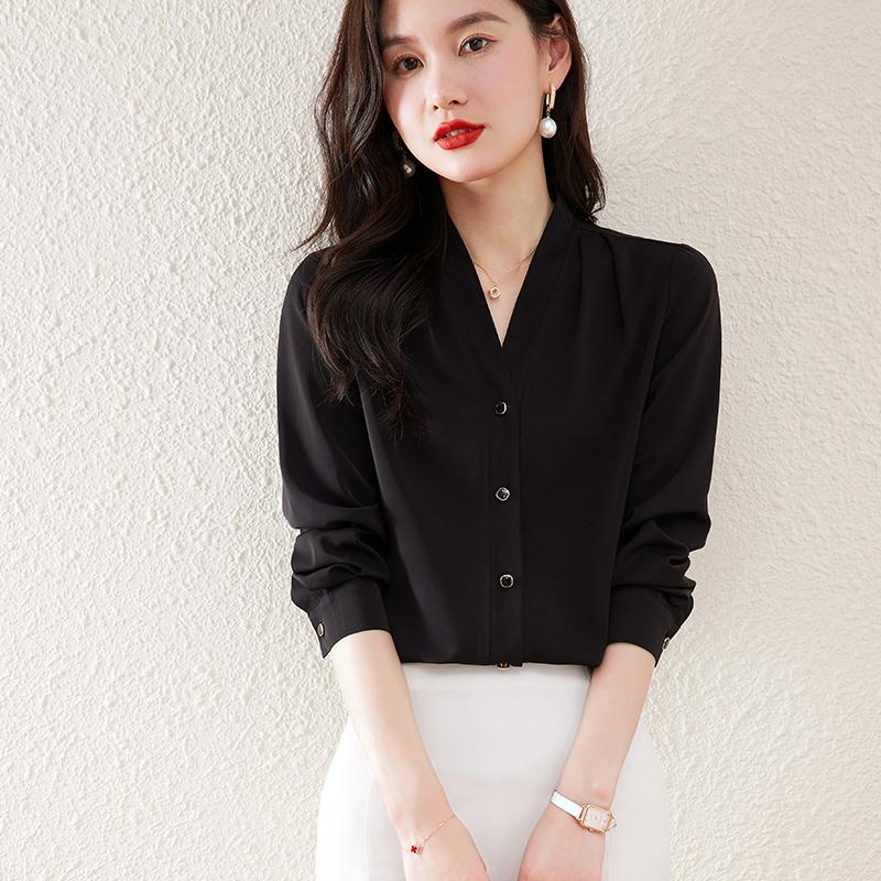 ブラウス レディース シルク エレガント 絹 しなやか 長袖シャツ キレイめ Vネック オフィス 通勤ビジネス 無地トップス レディースウエア カジュアル | ホームアイホーム | 01