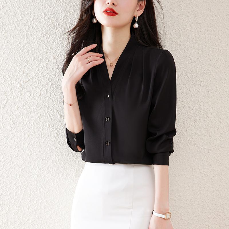 ブラウス レディース シルク エレガント 絹 しなやか 長袖シャツ キレイめ Vネック オフィス 通勤ビジネス 無地トップス レディースウエア カジュアル | ホームアイホーム | 03