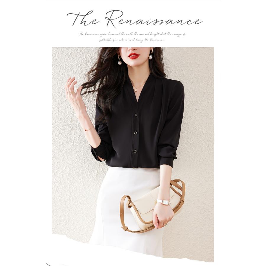 ブラウス レディース シルク エレガント 絹 しなやか 長袖シャツ キレイめ Vネック オフィス 通勤ビジネス 無地トップス レディースウエア カジュアル | ホームアイホーム | 05