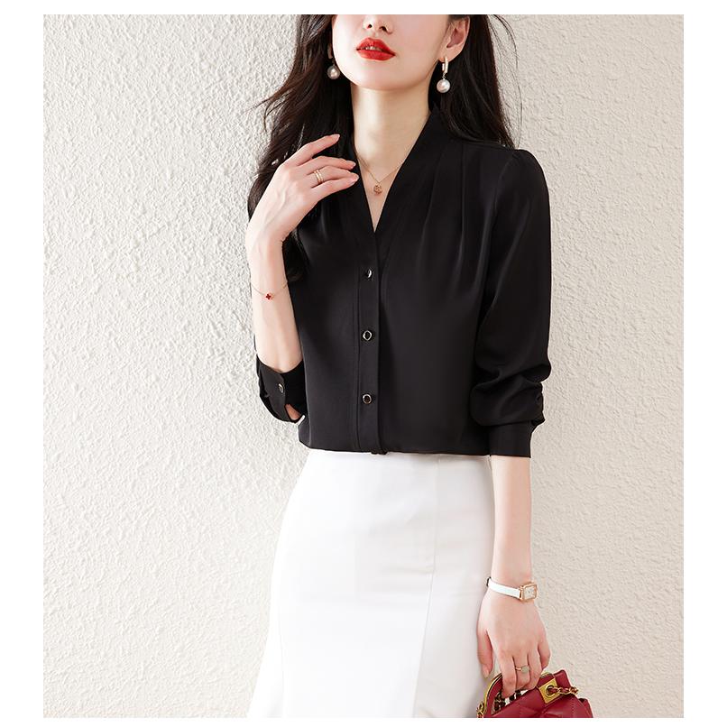 ブラウス レディース シルク エレガント 絹 しなやか 長袖シャツ キレイめ Vネック オフィス 通勤ビジネス 無地トップス レディースウエア カジュアル | ホームアイホーム | 08