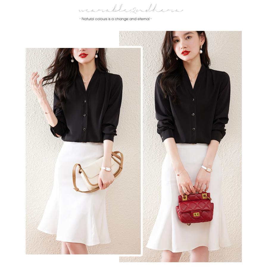 ブラウス レディース シルク エレガント 絹 しなやか 長袖シャツ キレイめ Vネック オフィス 通勤ビジネス 無地トップス レディースウエア カジュアル | ホームアイホーム | 09