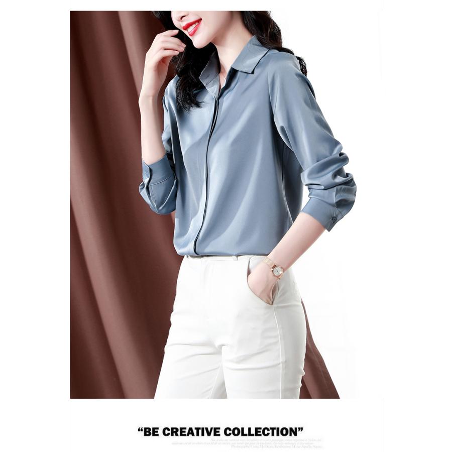 ブラウス レディース 無地 隠し式ボタン 長袖 しなやか アセテート繊維 やわらか サテン シルク生地 トップス ビジネス 通勤 オフィスオールシーズン | ホームアイホーム | 10