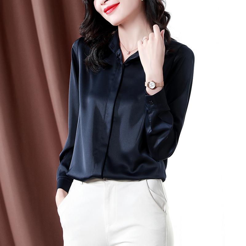 ブラウス レディース 無地 隠し式ボタン 長袖 しなやか アセテート繊維 やわらか サテン シルク生地 トップス ビジネス 通勤 オフィスオールシーズン | ホームアイホーム | 02