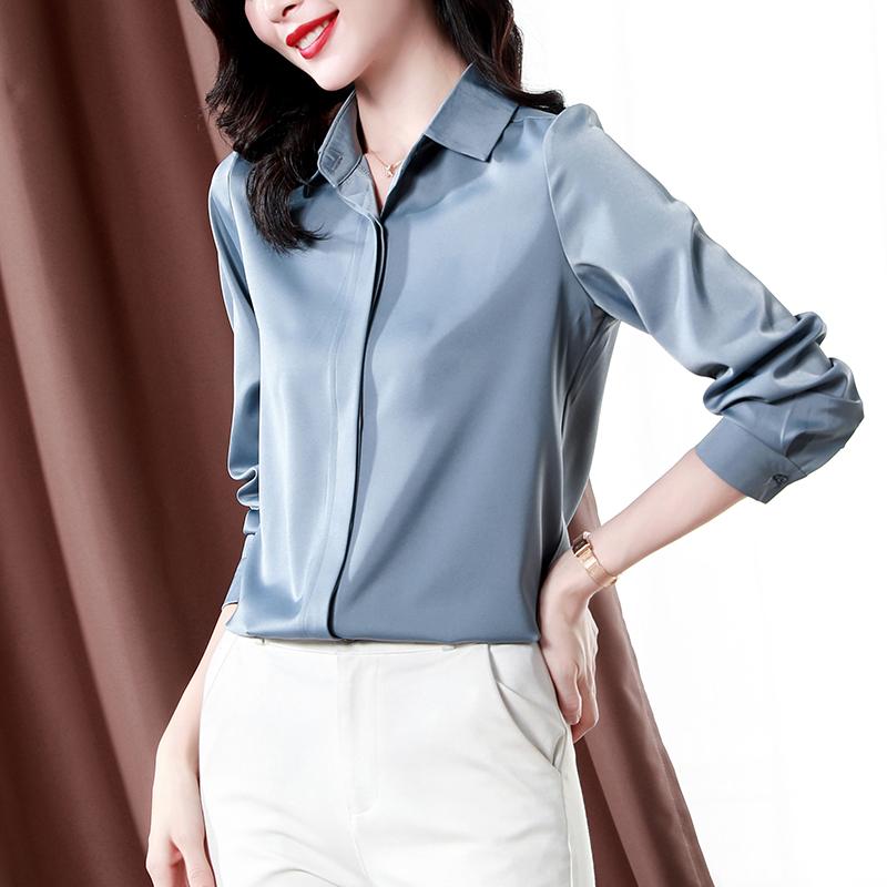ブラウス レディース 無地 隠し式ボタン 長袖 しなやか アセテート繊維 やわらか サテン シルク生地 トップス ビジネス 通勤 オフィスオールシーズン | ホームアイホーム | 01