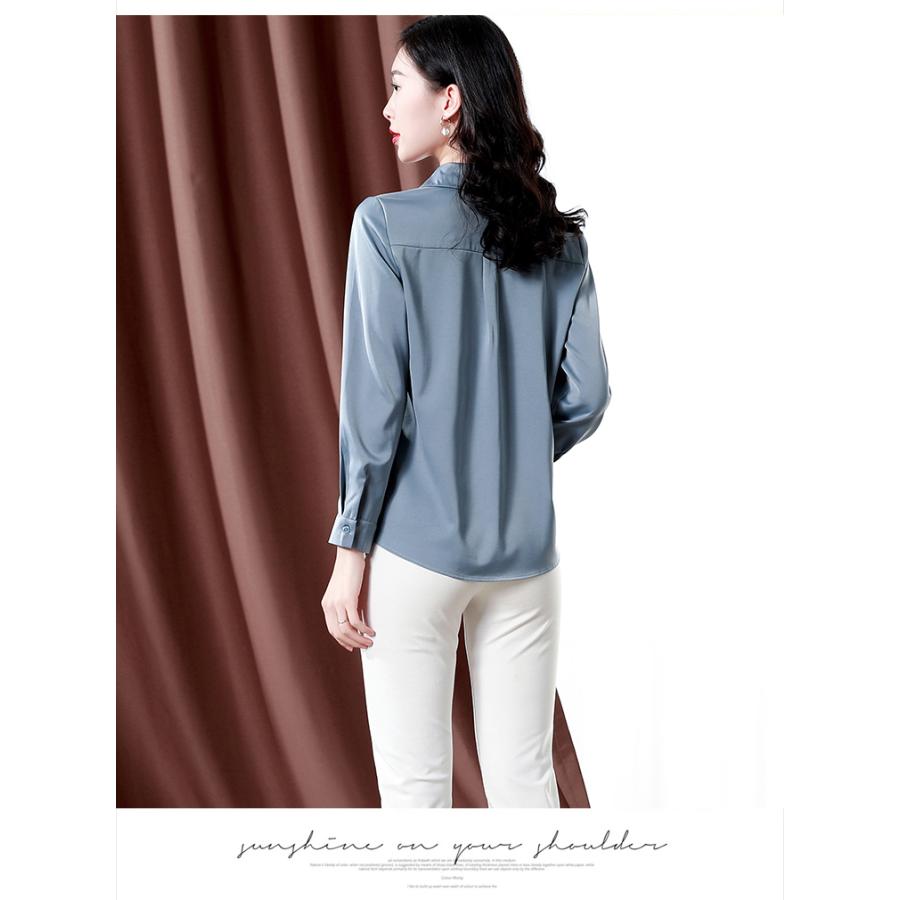 ブラウス レディース 無地 隠し式ボタン 長袖 しなやか アセテート繊維 やわらか サテン シルク生地 トップス ビジネス 通勤 オフィスオールシーズン | ホームアイホーム | 07