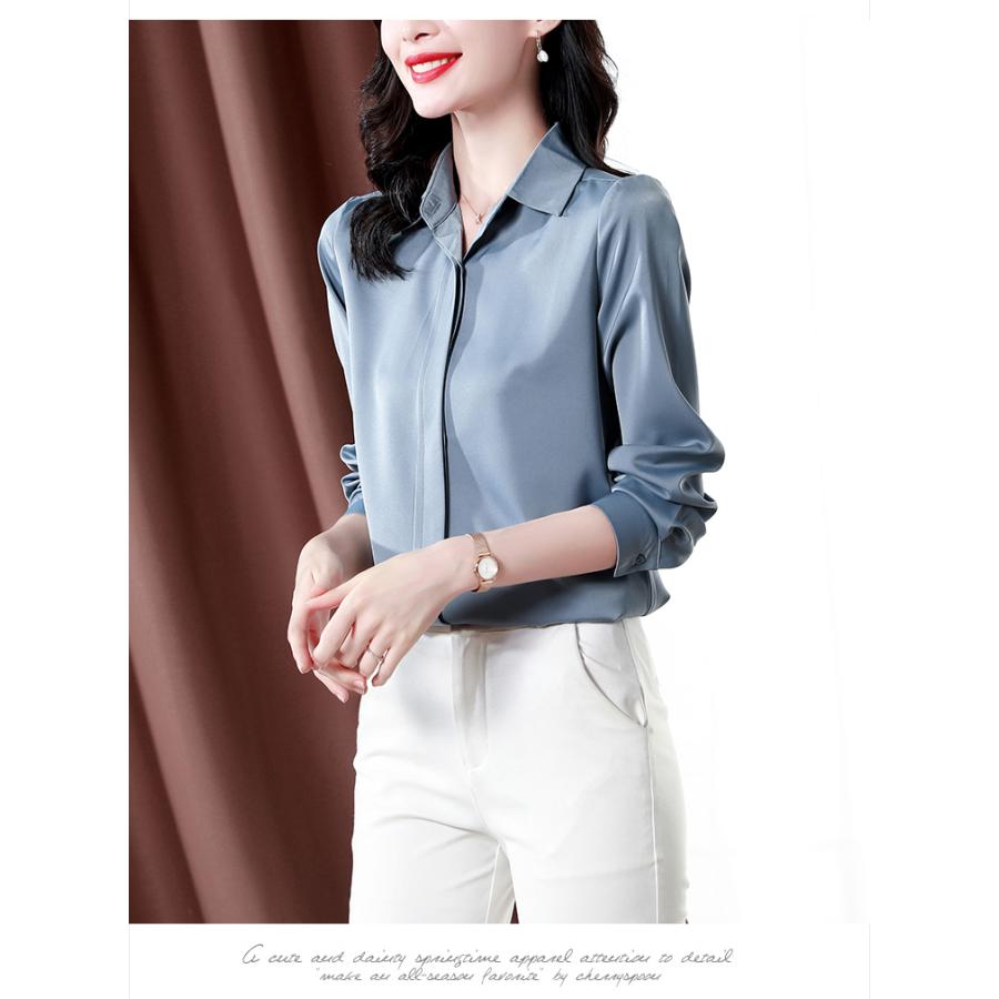 ブラウス レディース 無地 隠し式ボタン 長袖 しなやか アセテート繊維 やわらか サテン シルク生地 トップス ビジネス 通勤 オフィスオールシーズン | ホームアイホーム | 08