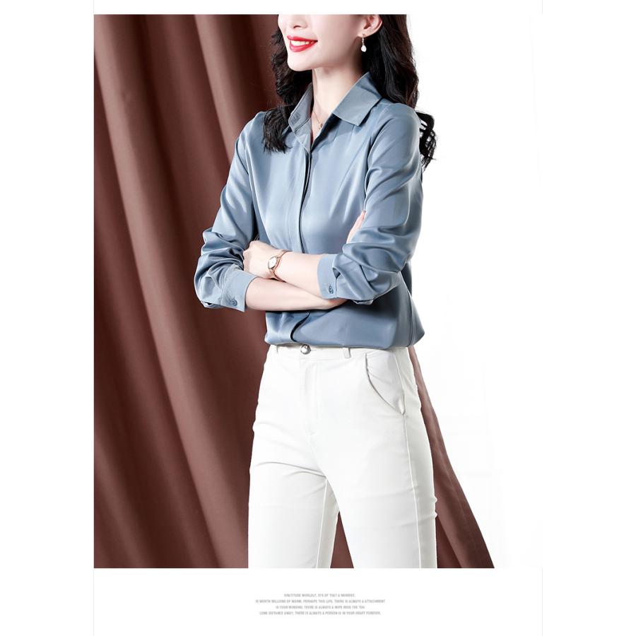 ブラウス レディース 無地 隠し式ボタン 長袖 しなやか アセテート繊維 やわらか サテン シルク生地 トップス ビジネス 通勤 オフィスオールシーズン | ホームアイホーム | 09