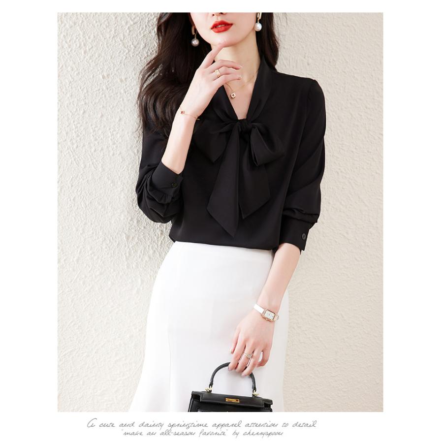 シフォンシャツ リボン 長袖 レディースシャツ 無地 白シャツ カジュアル 通勤 しなやか トップス Vネック ブラウス ブラック M女性 | ホームアイホーム | 10