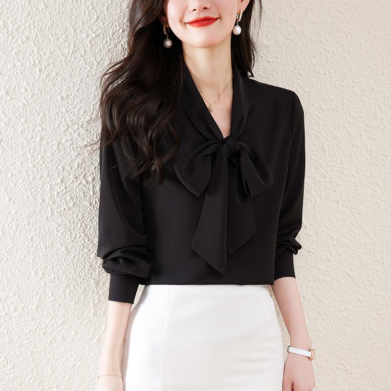 シフォンシャツ リボン 長袖 レディースシャツ 無地 白シャツ カジュアル 通勤 しなやか トップス Vネック ブラウス ブラック M女性 | ホームアイホーム | 01