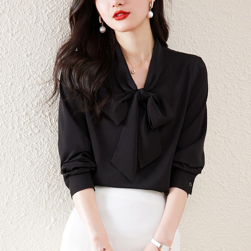 シフォンシャツ リボン 長袖 レディースシャツ 無地 白シャツ カジュアル 通勤 しなやか トップス Vネック ブラウス ブラック M女性 | ホームアイホーム | 02