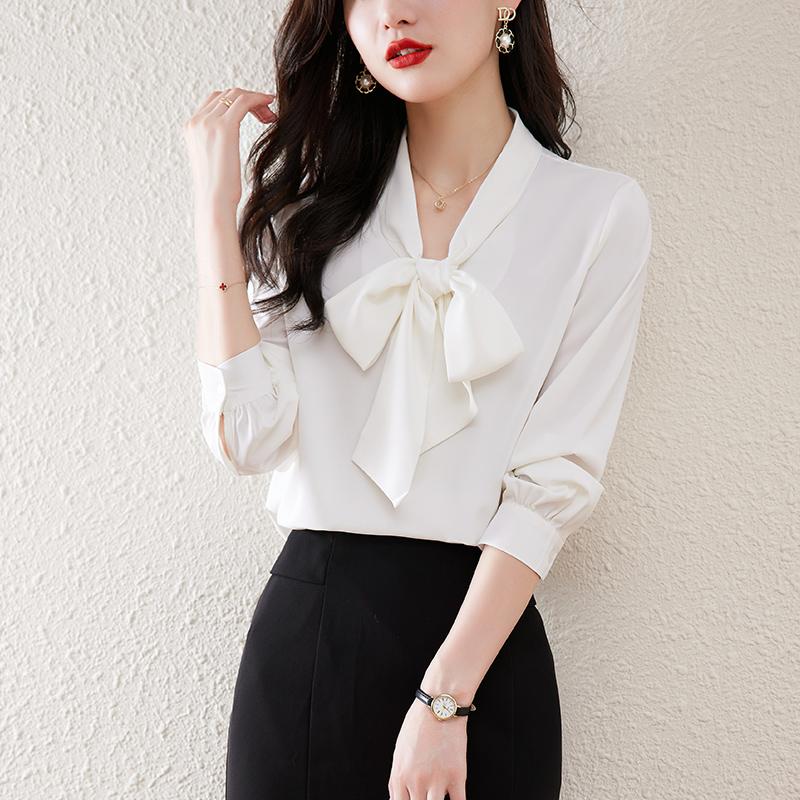 シフォンシャツ リボン 長袖 レディースシャツ 無地 白シャツ カジュアル 通勤 しなやか トップス Vネック ブラウス ブラック M女性 | ホームアイホーム | 03