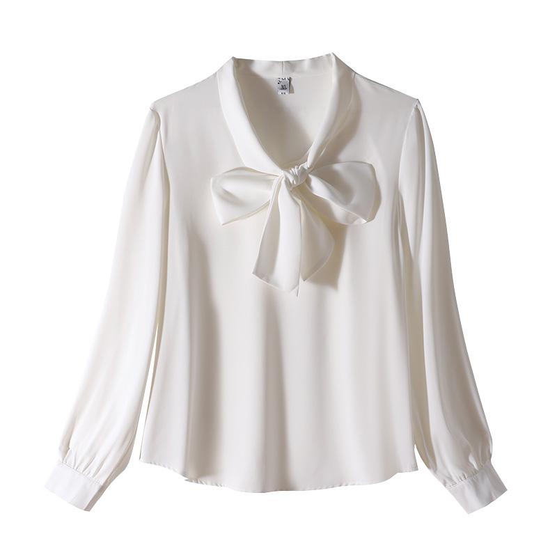 シフォンシャツ リボン 長袖 レディースシャツ 無地 白シャツ カジュアル 通勤 しなやか トップス Vネック ブラウス ブラック M女性 | ホームアイホーム | 04