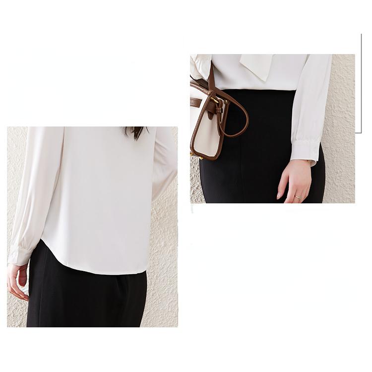 シフォンシャツ リボン 長袖 レディースシャツ 無地 白シャツ カジュアル 通勤 しなやか トップス Vネック ブラウス ブラック M女性 | ホームアイホーム | 06